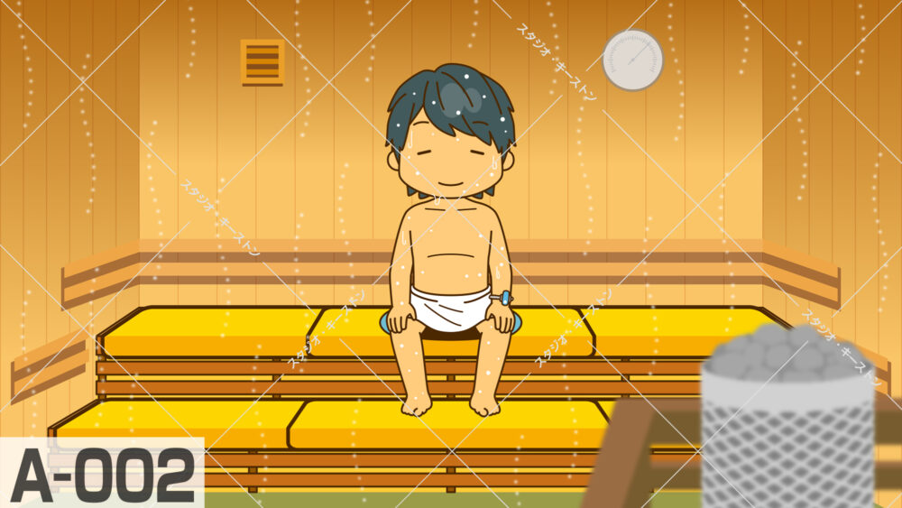 サウナで心地よく汗を流す人物のキャラクターイラスト。温浴施設やリフレッシュをテーマにしたコンテンツのデザインです。