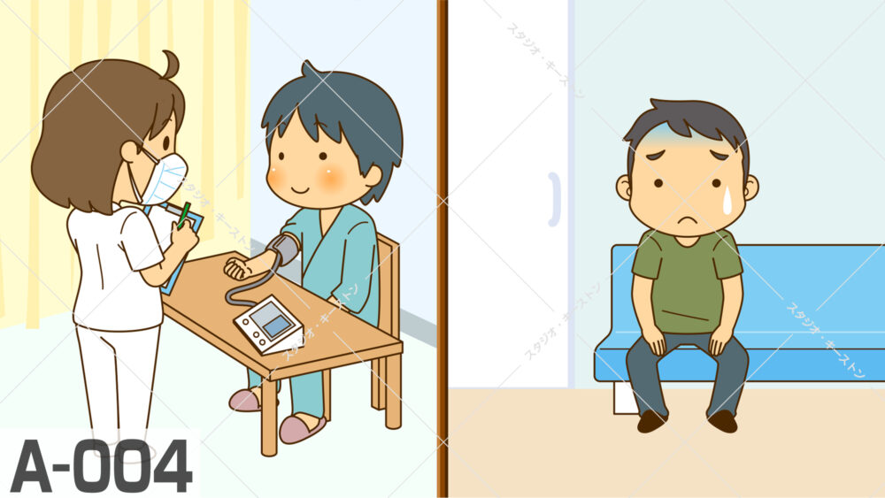 病院で看護師が患者の血圧を測定する様子と、待合室で不安そうに受診を待つ男性を描いた医療イラスト。健康診断やクリニックをイメージしたイラストです。