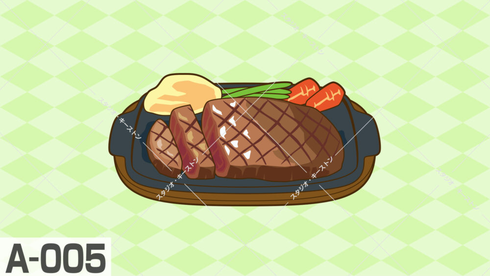 鉄板に盛り付けられた網焼きステーキと温野菜のイラスト。ステーキの光沢や鉄板により馴染みのある飲食点を思い出すフードイラストのアイコンです。