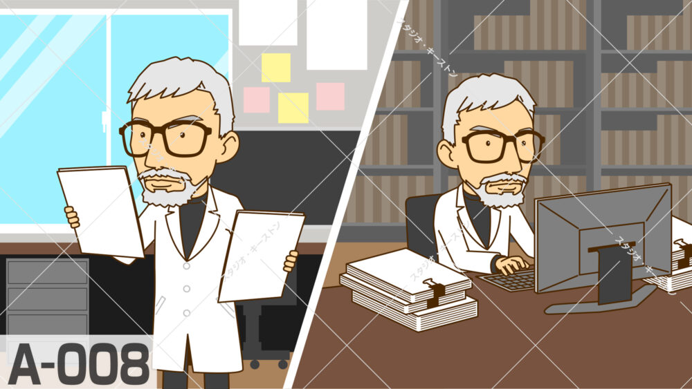 白衣を着た年配の男性が書類確認とパソコン作業を行うイラスト。ビジネスや研究シーンに最適な、誠実な印象のイラストです。