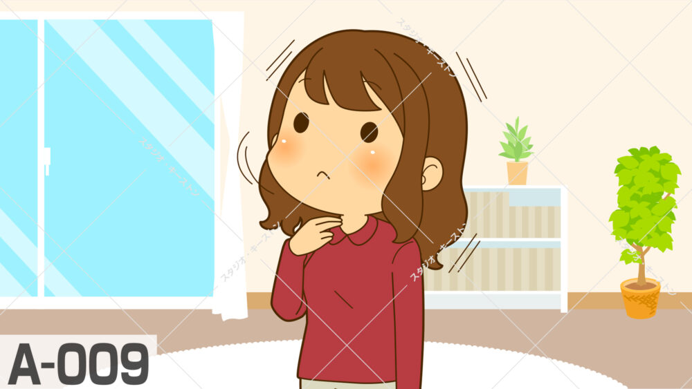 首に手を添えて不安そうな表情を浮かべ、のどの違和感や痛みに悩む人物のイラスト。体調不良や健康の解説に適したイラストです。
