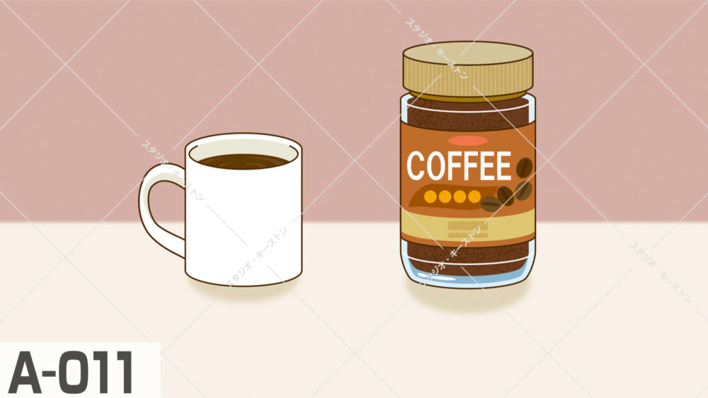 インスタントコーヒーの瓶と、淹れたてのコーヒーが入った白いマグカップのイラスト。一目でインスタントコーヒーだとわかるイラストです。