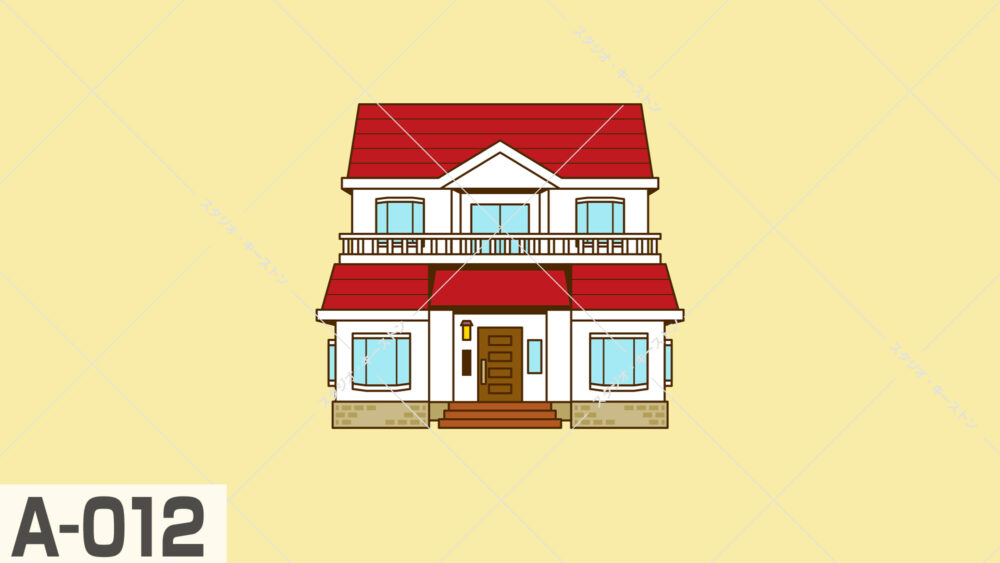 赤い屋根が特徴的な2階建て住宅のアイコンイラスト。イラストマップやに説明用素材として最適なシンプルで親しみやすいデザインです。