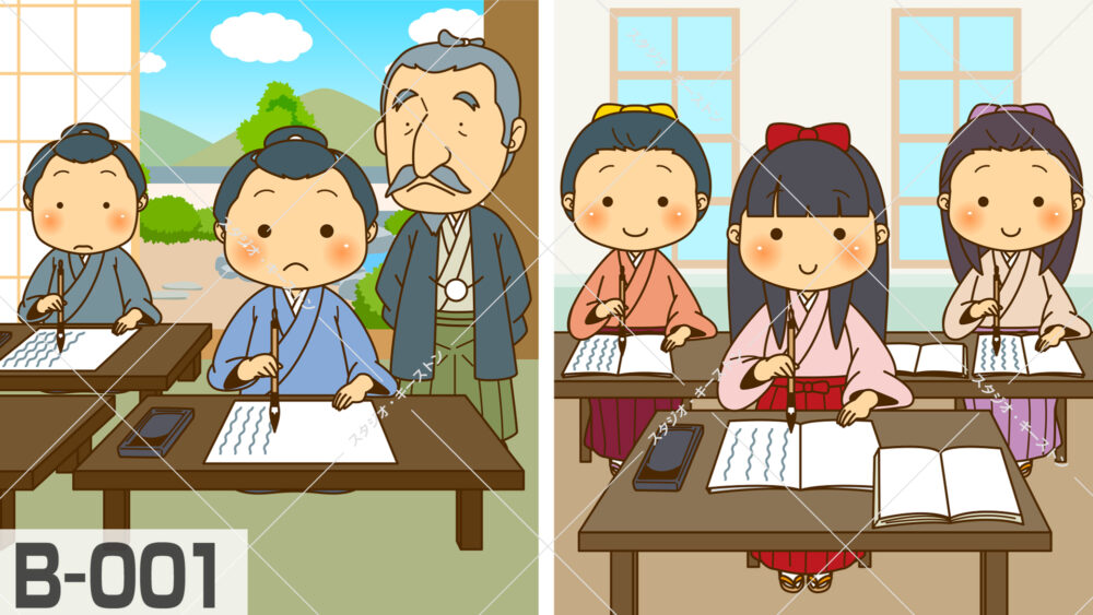昔の日本の学校で、子供たちが教育を受けるイラスト。和服姿の生徒が筆と墨を使って教育を受ける伝統的な学習風景のイラストです。