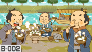 江戸時代に男性たちが川の土手で牡蠣の鍋(土手鍋)を囲むイラスト。鍋の縁に塗られた味噌を溶かしながら食べる日本の伝統的な牡蠣料理の風景を表現したイラストです。