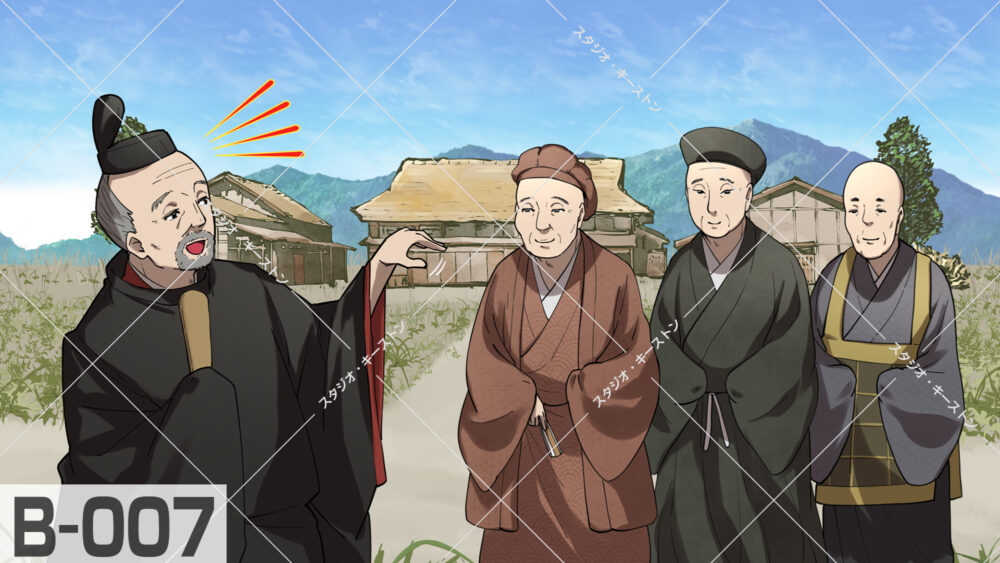 日本の歴史的な風景を舞台にしたカラーマンガイラスト。烏帽子を被った和装の男性が、集落の老人たちと対話する様子を描いた、ストーリー性のあるイラストです。