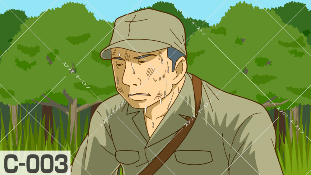 密林の中で過酷な状況に耐え、汗を流しながら必死に生き抜こうとする軍服姿の男性を描いたサバイバルシーンのイラストです。