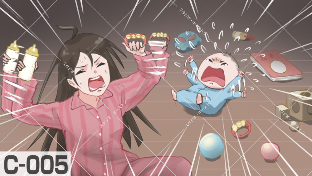 夜泣きが止まらずパニックになる母親と元気に泣き続ける赤ちゃんのイラスト。育児の大変さをユーモラスに表現したシーンです。