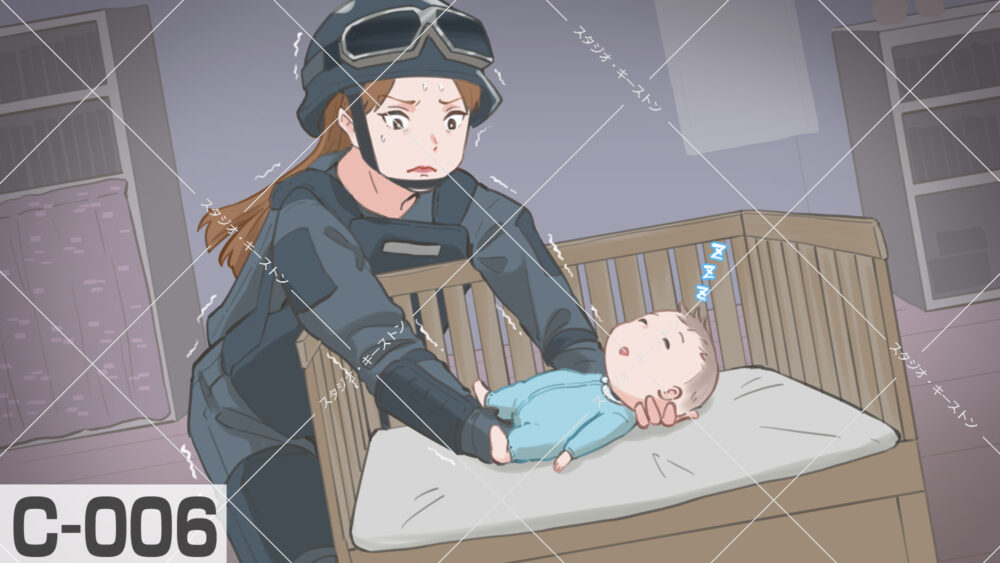 爆弾処理班のような防護服を着た女性が、細心の注意を払って赤ちゃんをベッドに寝かしつけるシュールで面白い育児イラストです。