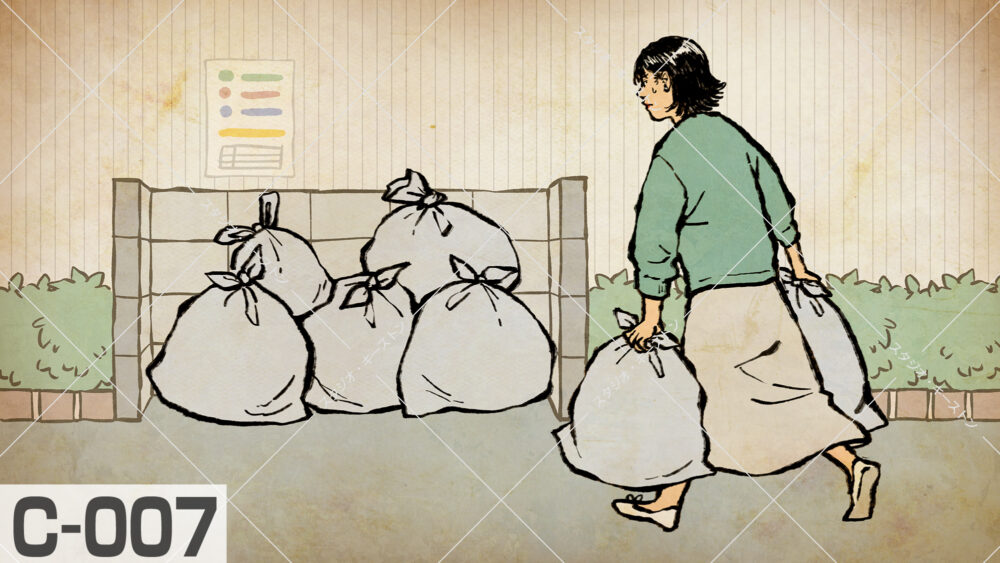 複数の大きなごみ袋を抱えてゴミ捨て場へ向かう女性のイラスト。家事の負担や日常生活の忙しさをイラストにしました。