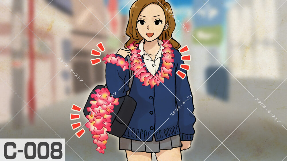 華やかな花のネックレスとアクセサリーを身につけた、平成レトロな雰囲気を感じさせる明るい笑顔の女子高生のイラストです。