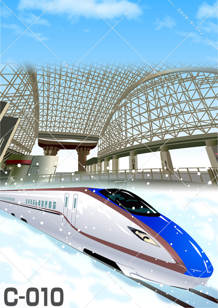 冬の金沢駅のシンボル「鼓門」と、雪原を疾走する北陸新幹線の車両を描いた旅行雑誌風の観光紹介イラストです。
