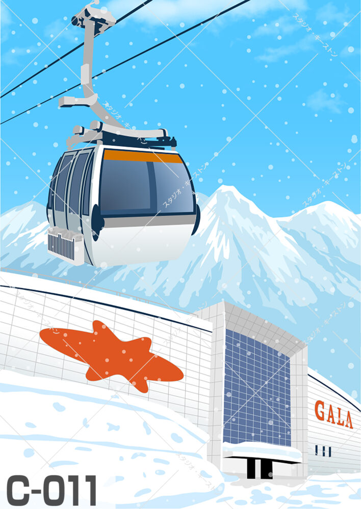 雪景色が広がるガーラ湯沢スキー場と、山頂へ向かうゴンドラを描いた、冬のアクティビティをイメージさせる旅雑誌風イラストです。