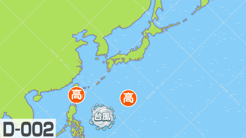 日本周辺の気象図を模したイラストマップ。沖縄周辺と太平洋上に2つの高気圧、その南に台風の記号でわかりやすく説明したイラストです。