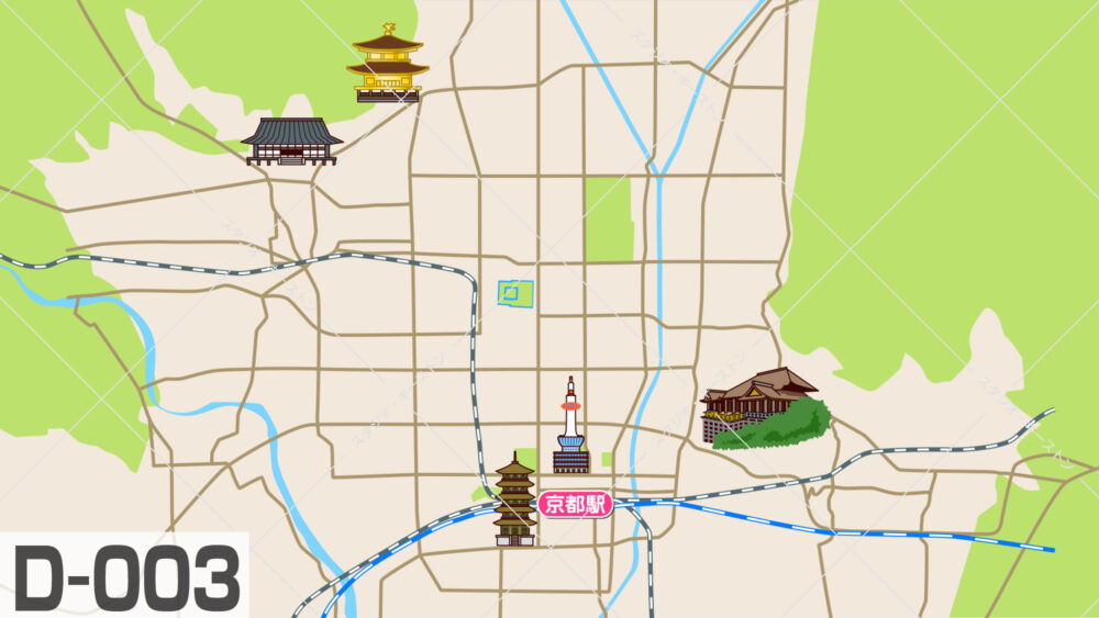 京都観光の主要名所をまとめたイラストマップ。京都駅を中心に、金閣寺や清水寺、五重塔などの観光スポットがひと目でわかるデザインです。