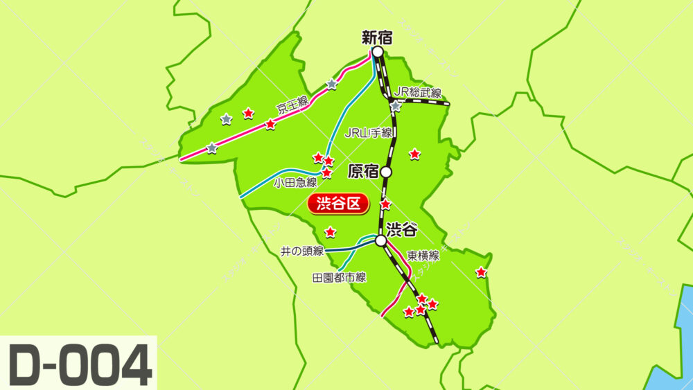 渋谷区の主要駅と路線図をまとめたアクセスマップ。新宿・原宿・渋谷駅を結ぶJR山手線や私鉄各線のルート、周辺の拠点をイラストで分かりやすくイラストマップで紹介しています。