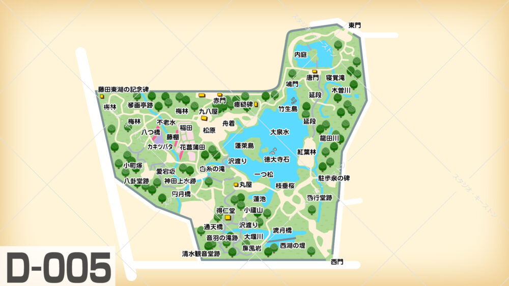 小石川後楽園の園内イラストマップ。大泉水や円月橋などの名所、梅林や紅葉林の場所が詳しく描かれたマップです。
