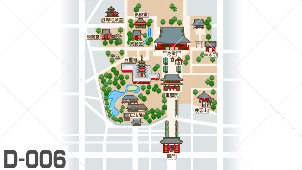 浅草寺の境内をアイコンでわかりやすくしたイラストマップ。雷門から本堂、五重塔などの主要スポットを分かりやすくデザインしました。