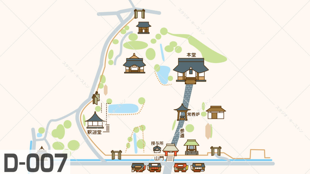 深大寺の境内イラストマップ。本堂、釈迦堂、山門などの主要な建物と、豊かな自然に囲まれた参道の配置を分かりやすく描いた観光案内用のデザインです。