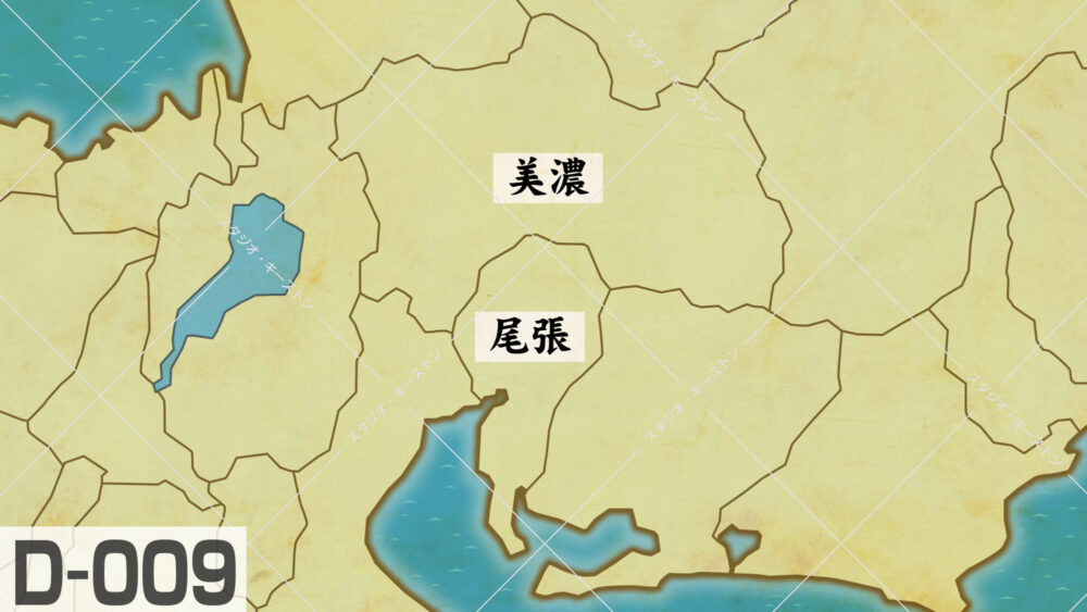 戦国時代の雰囲気に合わせた和紙風のイラストマップ。琵琶湖や伊勢湾を背景に、織田信長ゆかりの地である美濃と尾張の旧国名が分かりやすく記されています。
