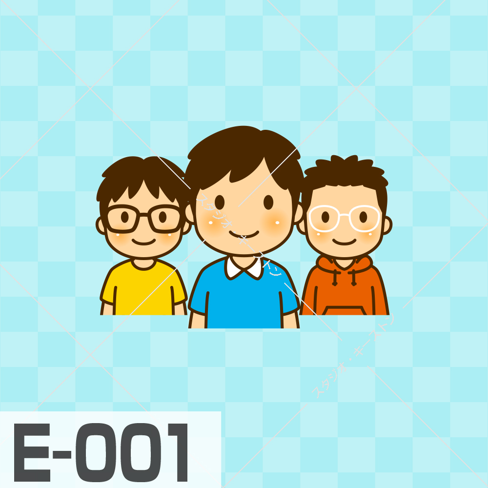 説明用で使用するアイコンイラスト。眼鏡をかけた男の子など、個性的で可愛い三人の男子小学生キャラクターが並ぶイラストです。