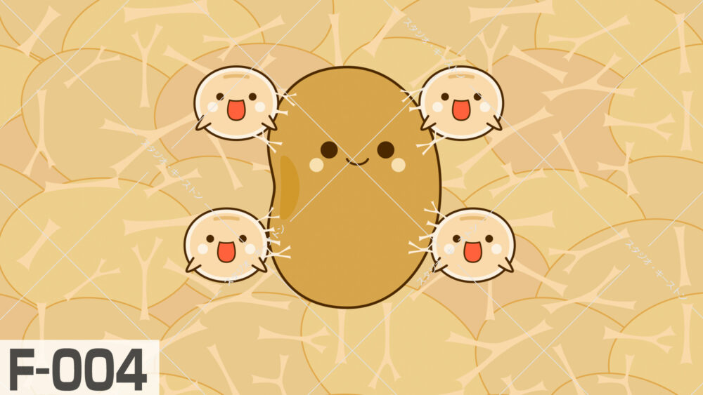 納豆の粒と納豆菌をキャラクター化した親しみやすくかわいいキャラクターイラスト。教育や食品関連に最適なデザインです。