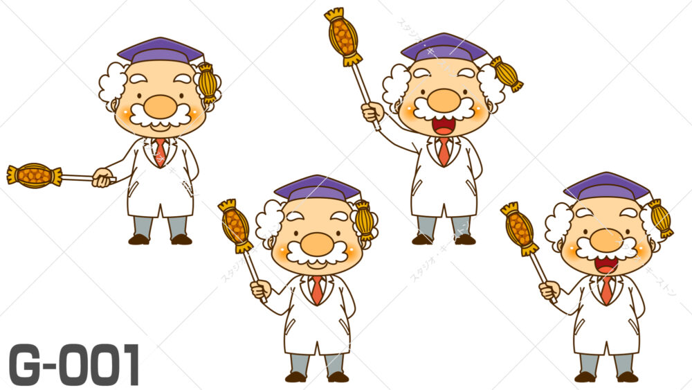 納豆の魅力を解説する博士のキャラクターイラスト。わら納豆の杖を持ち、白衣を着た親しみやすいデザインで解説などに最適なキャラクターイラストです。