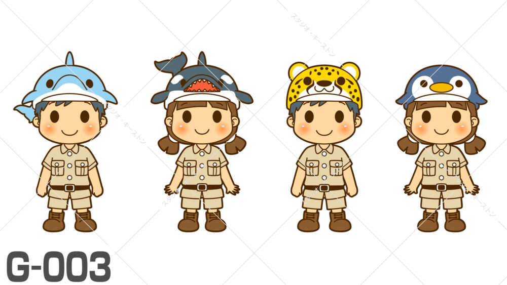 動物を学ぶ子供向けキャラクターイラスト。サメやチーターなど動物をモチーフにした帽子を被った探検隊風の可愛い子供たちのキャラクターデザインです。