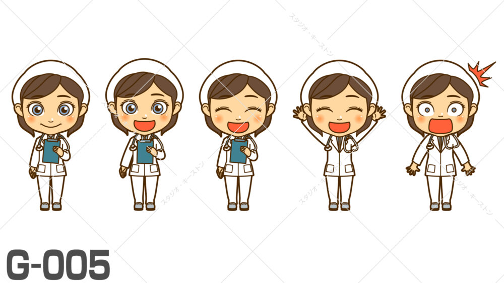病院や検査など医療の解説に最適な女性看護師のキャラクターイラスト。親しみやすいキャラクターデザインで表情バリエーションが豊富なため教材やテレビ番組に適したキャラクターデザインです。
