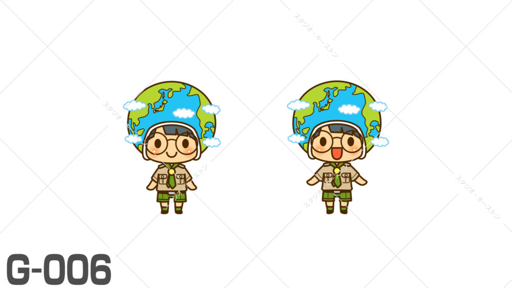 世界や環境について解説する地球をモチーフにしたヘルメットを被った男の子のキャラクター。探検隊の衣装を着た可愛い子供のキャラクターデザインです。