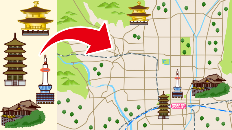 観光案内や地域紹介に使える地図のアイコンイラスト見本。イラストマップに追加するアイコンイラストの料金資料用画像です。