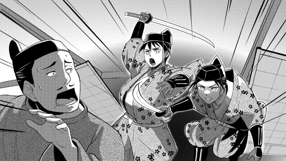 桜柄の着物を着た二人の武士が、屋内で刀を振り上げて怯える標的に仇討ちを果たそうとする緊迫したイラストです。