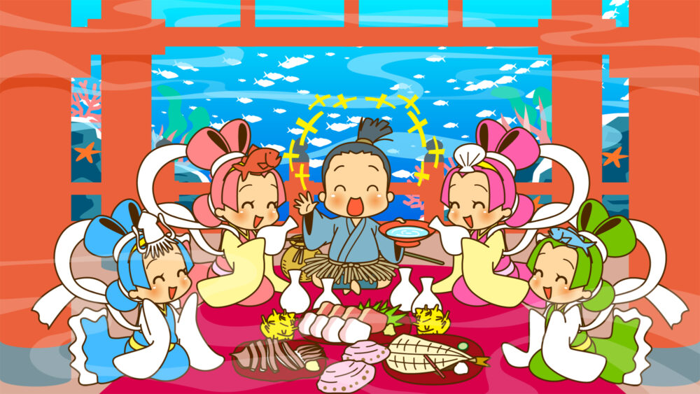浦島太郎が海中の竜宮城で、乙姫たちに囲まれながら豪華な魚介類の宴会を楽しんでいる昔話のイラストです