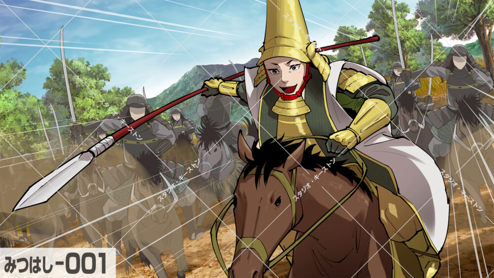 「槍の又左」の異名を持つ戦国武将、前田利家の騎馬像イラスト。戦場で槍を振るい勇猛に戦うシーンイラストです。