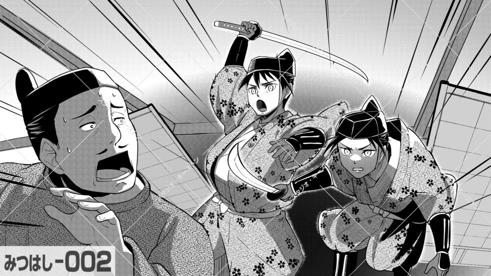 日本三大仇討ちの一つ、曽我兄弟の仇討ちシーンを描いたモノクロ漫画イラスト。迫力ある構図で臨場感を伝えています。