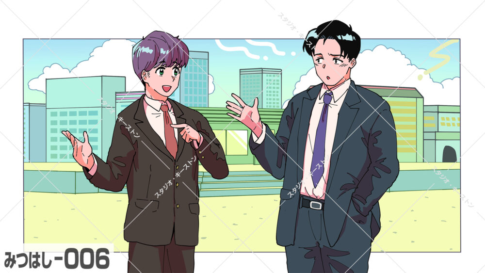 ニューレトロなアニメスタイルで描かれたスーツ姿で会話する2人のビジネスマン。都会的な背景とポップな色使いが特徴の時代を感じさせるイラストです。