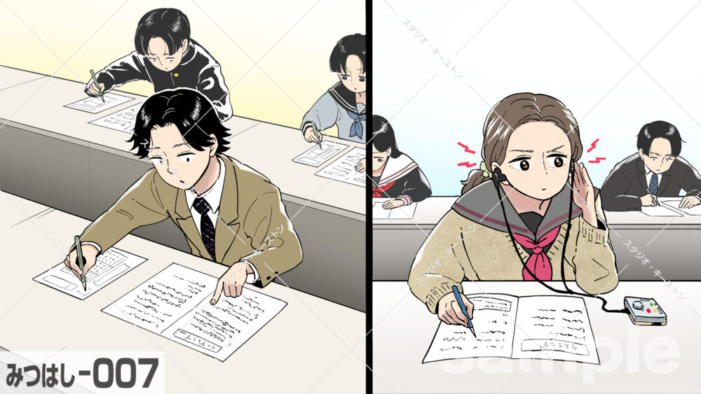 英語の試験でリーディングとリスニングに取り組む学生の比較イラスト。学習教材や教育向け広告に適したイラストデザインです。