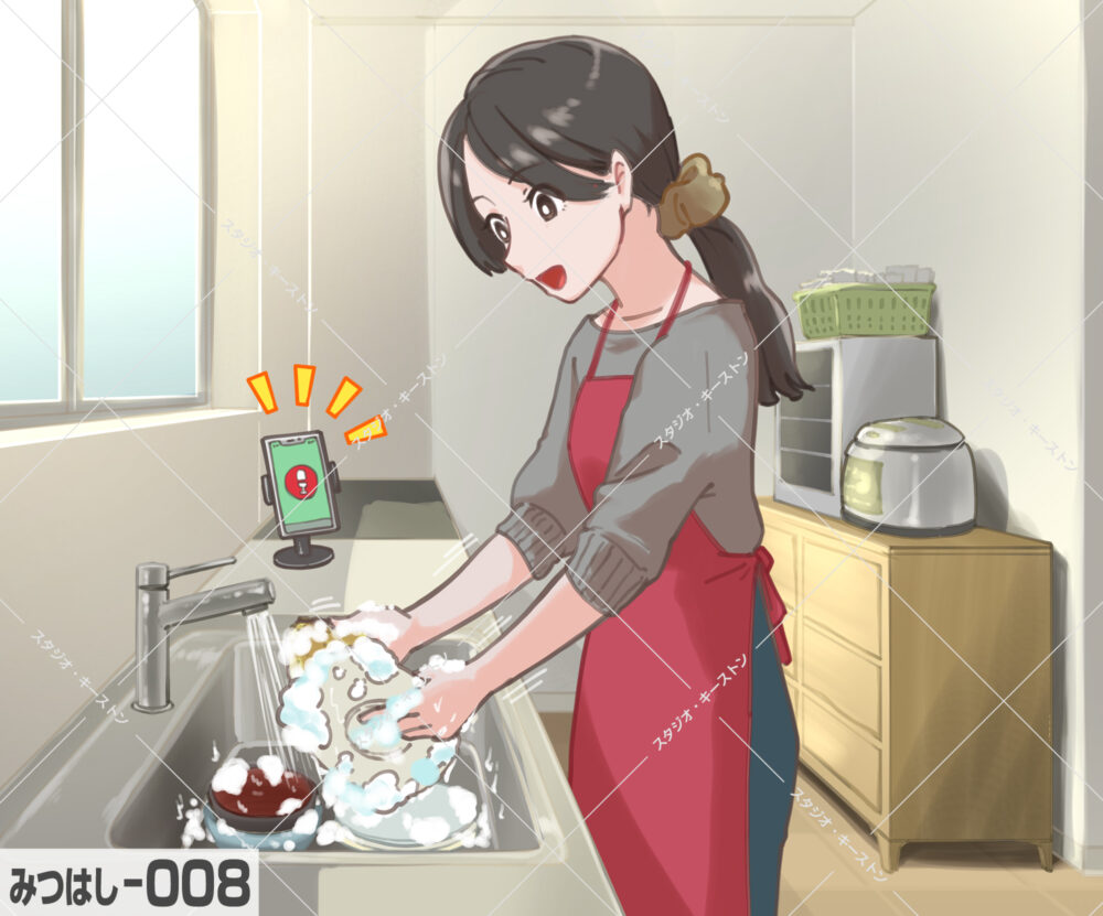 家事の時短のためにロボット掃除機を活用する女性のイラスト。皿洗いをしながらスマホで掃除の進捗を確認する様子をイラストで説明しています。